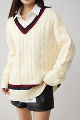 Beige Contrast-Trim V-Neck Sweater | Jin – BTS