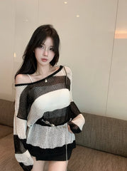 Ahyeon Stripes Hollow Knit Sweater