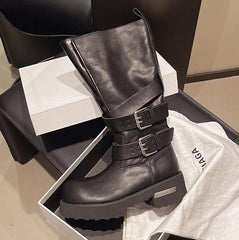 Leeseo Black Faux Tube Buckled Boots