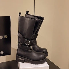 Leeseo Black Faux Tube Buckled Boots