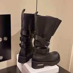 Leeseo Black Faux Tube Buckled Boots