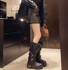Leeseo Black Faux Tube Buckled Boots