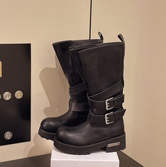 Leeseo Black Faux Tube Buckled Boots