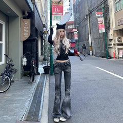 Yuna Black Wrinkled Flared Jeans