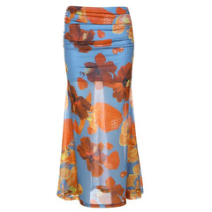 Rose Blue Floral Long Skirt