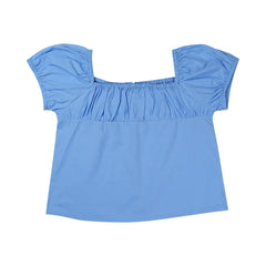 Minji Blue Gathered Off-Shoulder Top