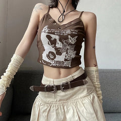 Liz Brown Eyelet Graphic Sling Top