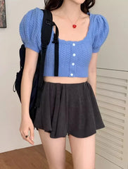 Danielle Blue Puff-Sleeve Knit Top