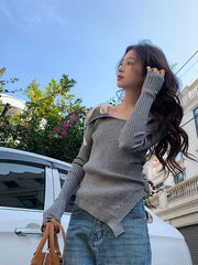 Yuna Grey Lace Shoulder Top