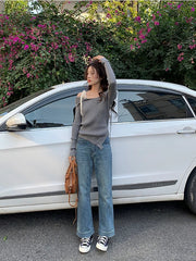 Yuna Grey Lace Shoulder Top