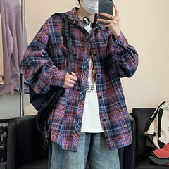 Jin Red Blue Plaid Oversized Shirt