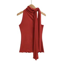Winter Red Tie-Neck Sleeveless Top