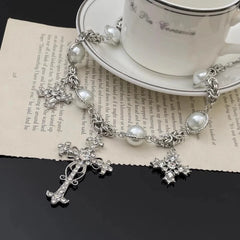 Yeji Silver Cross And Pearl Necklace