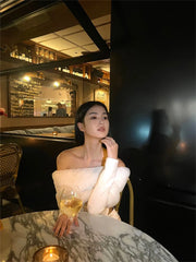 Kazuha White Fur Off-Shoulder Top