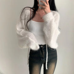 Winter Fuzzy Front-Tie Cropped Cardigan