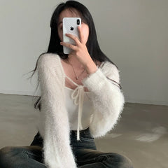 Winter Fuzzy Front-Tie Cropped Cardigan