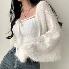Winter Fuzzy Front-Tie Cropped Cardigan