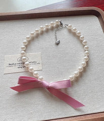 Wonyoung White Pearl Pink Bow Necklace