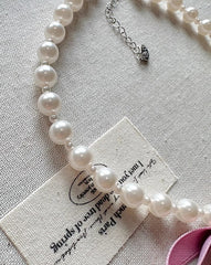 Wonyoung White Pearl Pink Bow Necklace