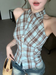Rora Blue Plaid Halter Top