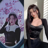 Black Silk Corset Long Sleeves Crop Top | Asa- BabyMonster