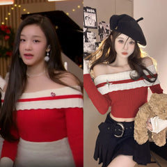 Pharita Red Off-Shoulder Knit Top