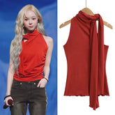 Winter Red Tie-Neck Sleeveless Top