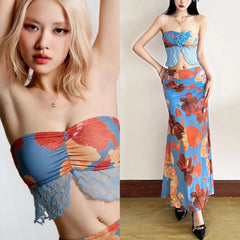 Rose Blue Floral Long Skirt