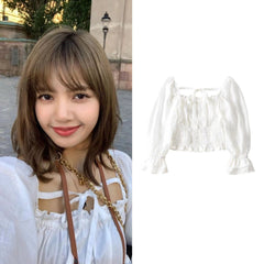 White Square Collar Ribbon Stretch Blouse | Lisa – BlackPink