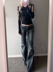 Yuna Black Wrinkled Flared Jeans
