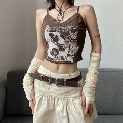 Liz Brown Eyelet Graphic Sling Top