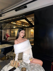 Kazuha White Fur Off-Shoulder Top