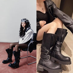 Leeseo Black Faux Tube Buckled Boots