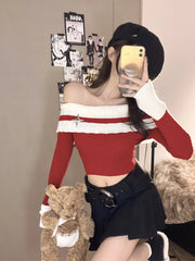 Pharita Red Off-Shoulder Knit Top