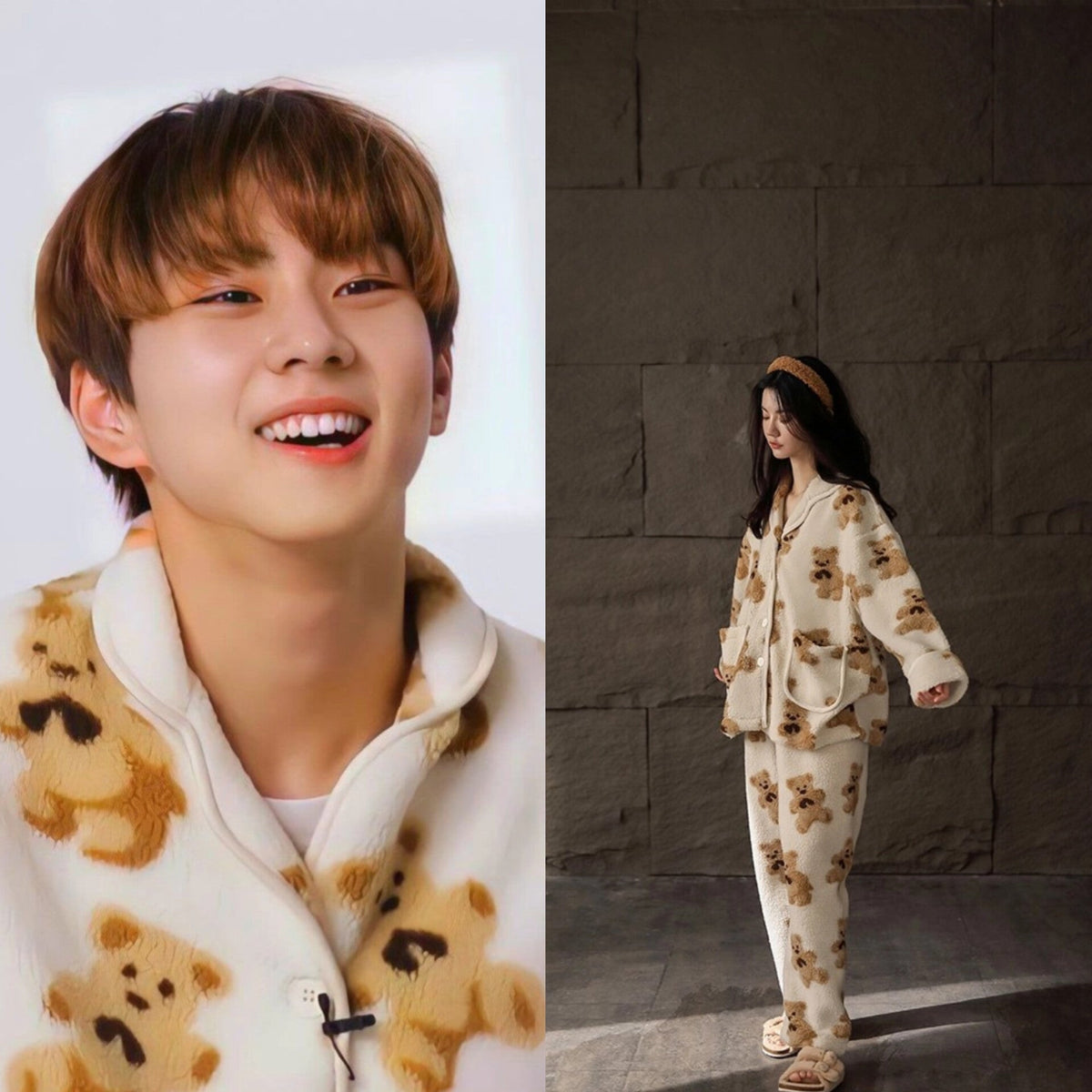 Beige Button Down Bear Pattern Pajama Set | Enhypen – Jungwon