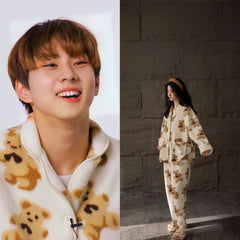 Beige Button Down Bear Pattern Pajama Set | Enhypen – Jungwon