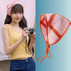 Wonyoung Pink Crocheted Tie Head Scarf