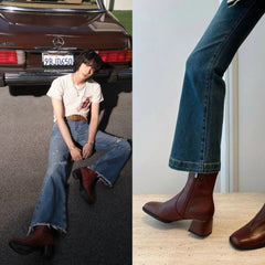 Jin Red Faux Leather Block Heel Boots