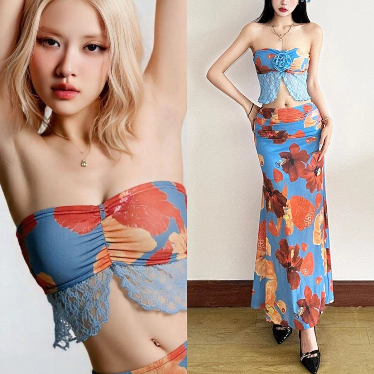 Rose Blue Floral Long Skirt